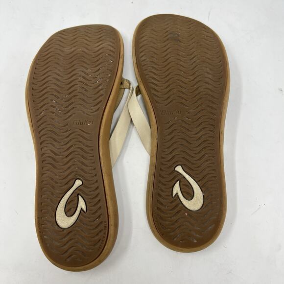 OLUKAI Kapehe Luana Tapa Sahara Leather Straps Thong White Sandals Size 11 - Picture 9 of 10